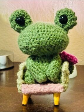 Handmade Green Crochet Frog with chair.